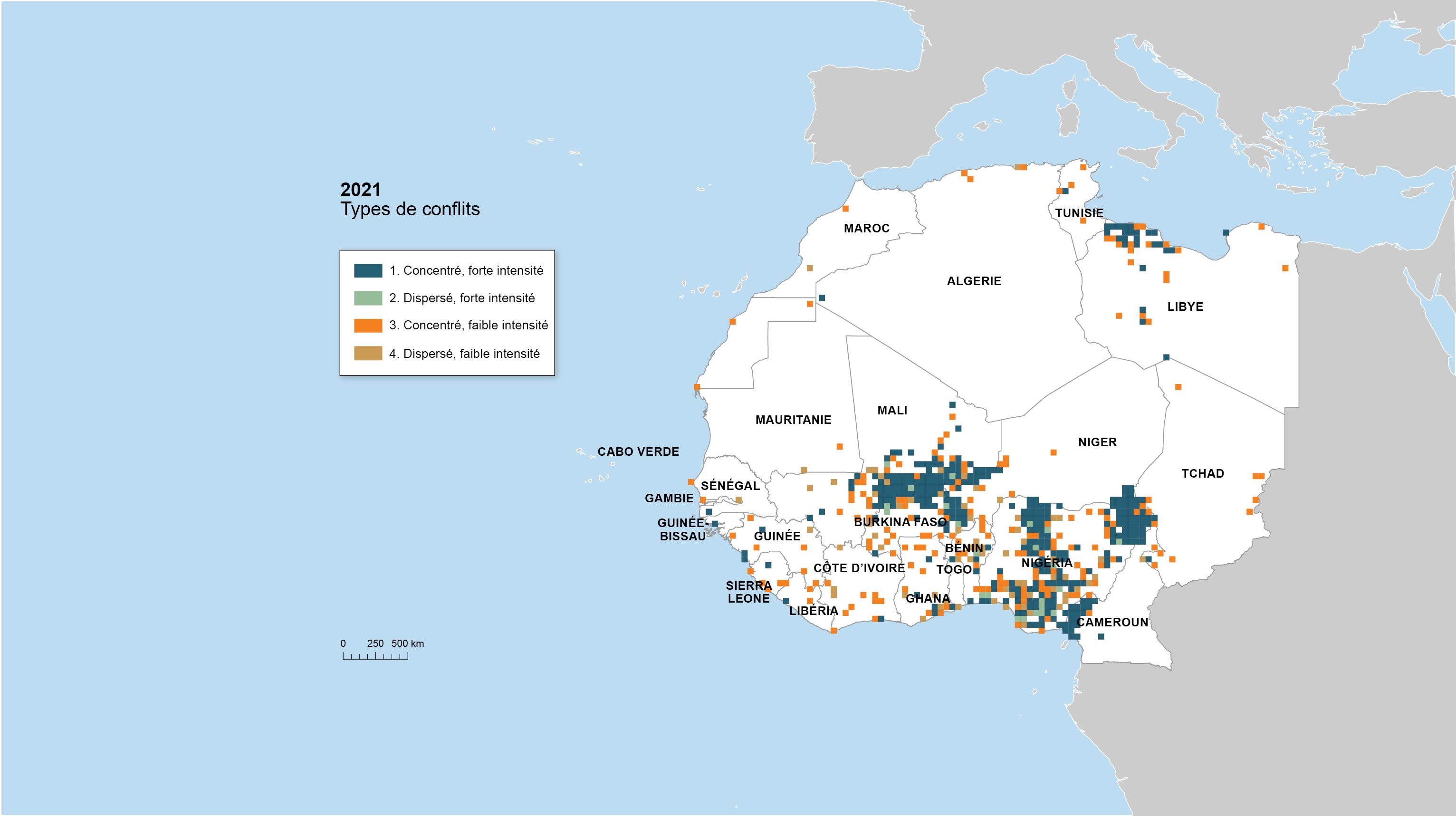 Carte montrant l'indicateur de la dynamique spatiale des conflits dans les régions frontalières, 2021