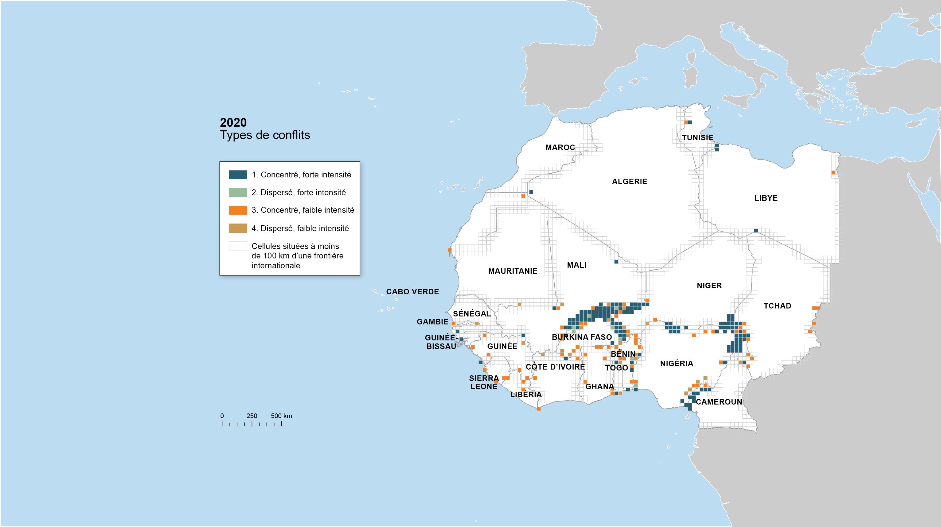 Carte montrant l'indicateur de la dynamique spatiale des conflits dans les zones frontalières, 2020