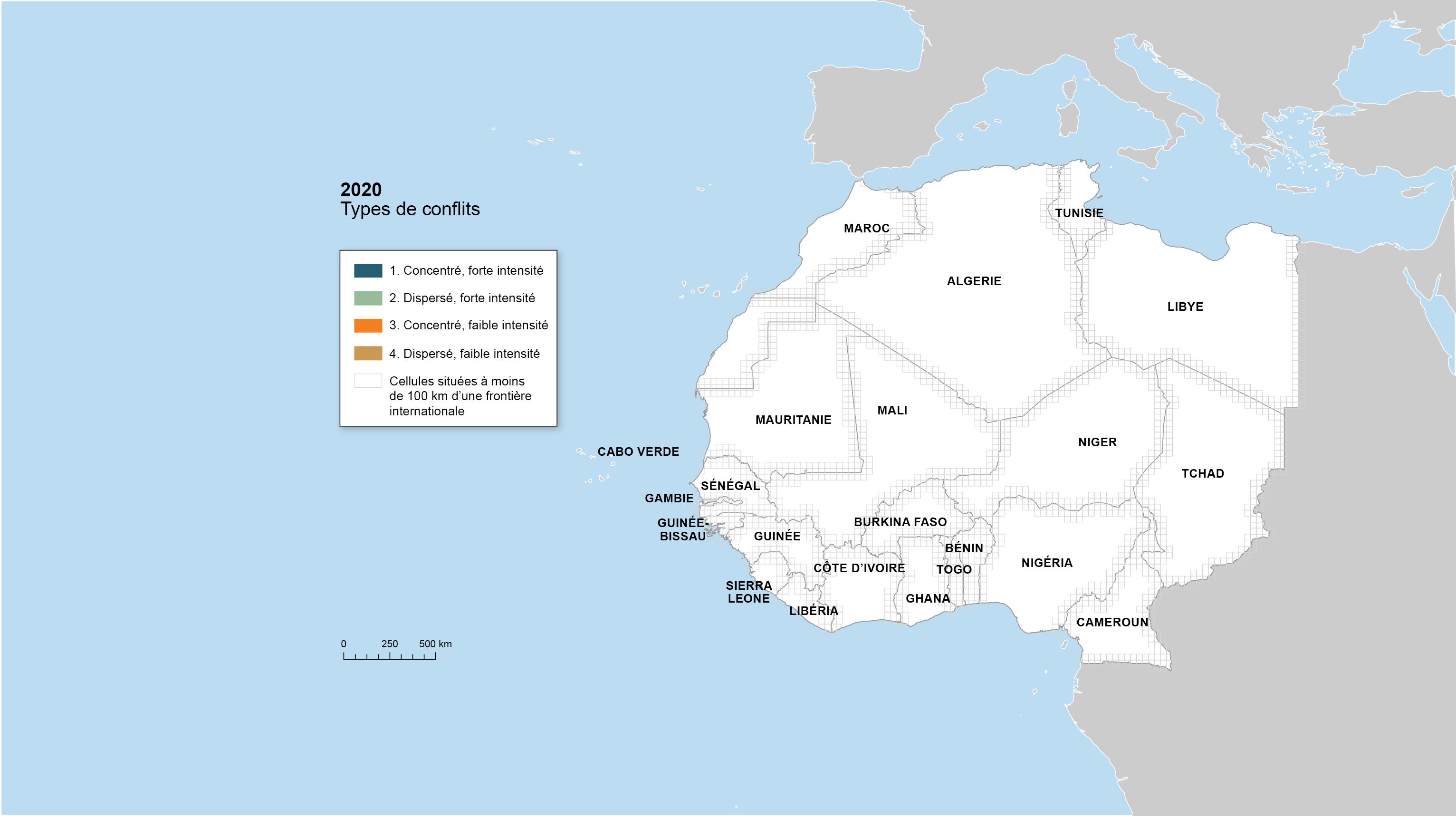 Carte montrant l'indicateur de la dynamique spatiale des conflits dans les zones frontalières, 2020