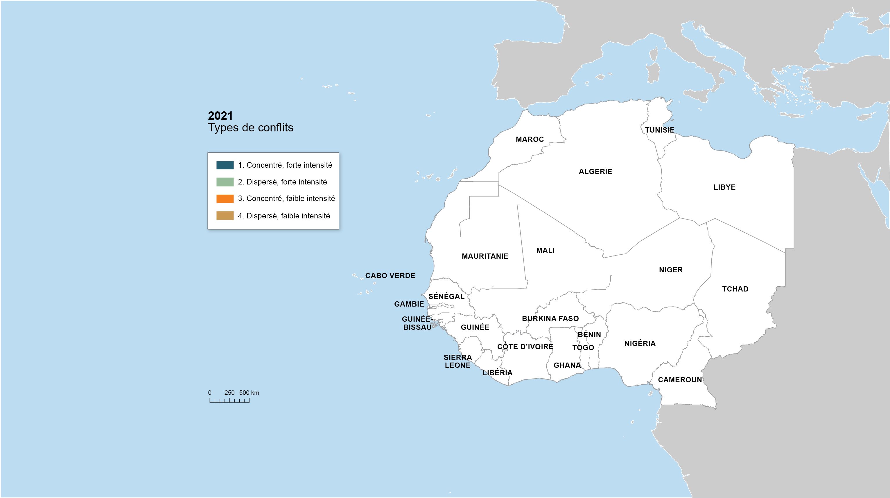 Carte montrant l'indicateur de la dynamique spatiale des conflits dans les régions frontalières, 2021