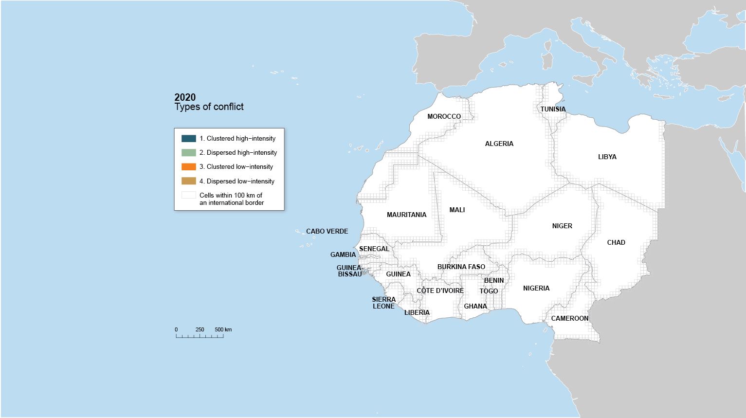 Map showing the Spatial Conflict Dynamics indicator (SCDi) in border regions for 2020