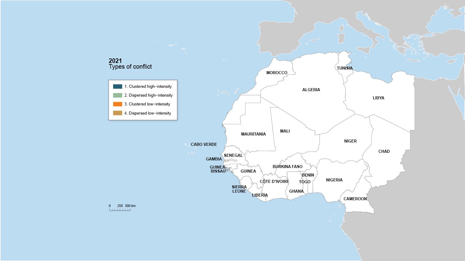 Map showing the Spatial Conflict Dynamics indicator (SCDi) in border regions from 2021