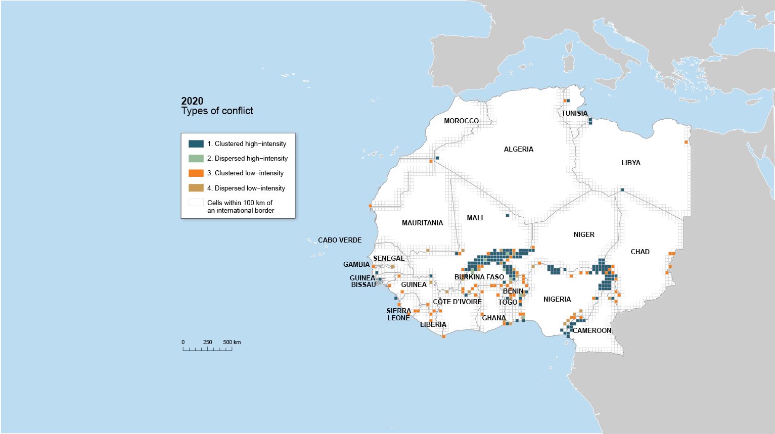 Map showing the Spatial Conflict Dynamics indicator (SCDi) in border regions for 2020